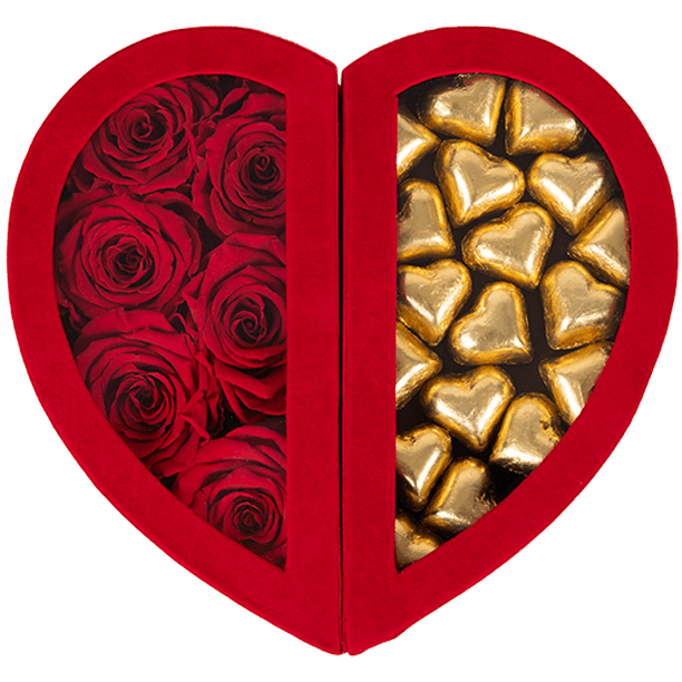 Gouden gold chocolade hartjes met rode longlife rozen in een hartvormige doos - Rosuz